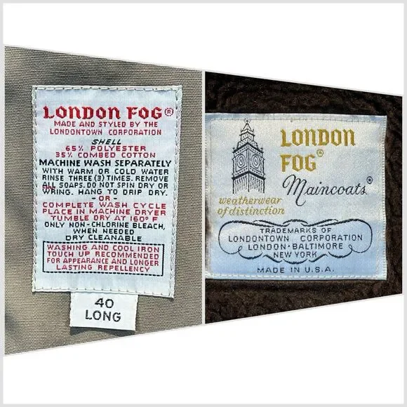 Vintage London Fog Mens 40L Khaki Tan Full Length Trench All Weather Rain Coat - Picture 14 of 15